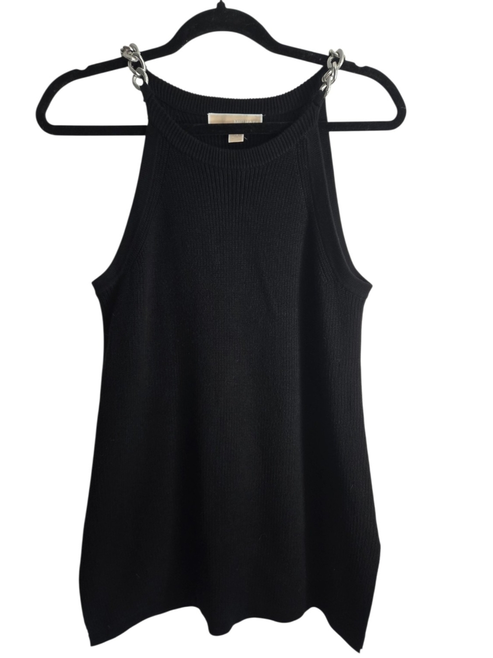 Michael Kors Black Ribbed Sweater Dress with Silver Chain Straps